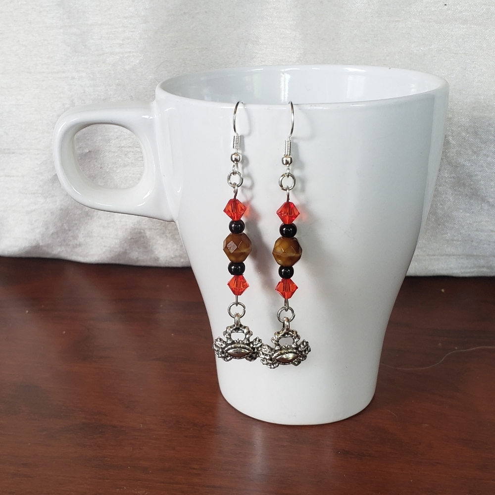 Crab Silver Earrings with Red Beading